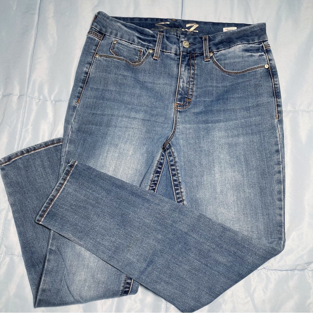 Seven7 Tummyless  High Rise Skinny Jeans Straight Leg Stone Wash